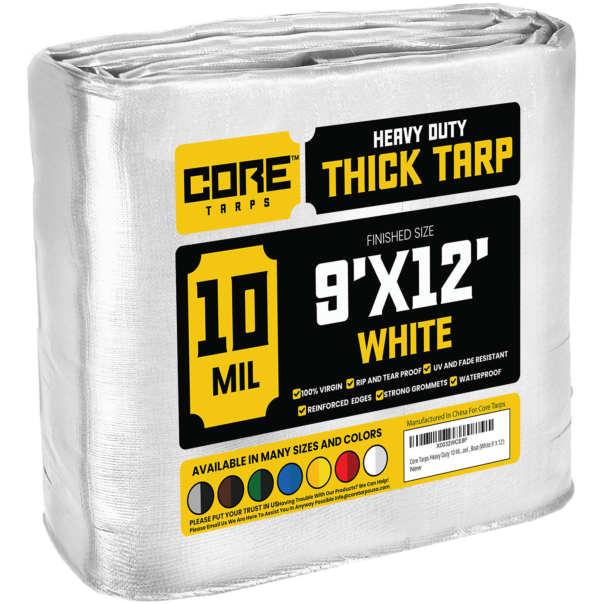 Core Tarps Heavy Duty 10 Mil Tarp Cover — 9ft. x 12ft., Waterproof, UV Resistant, Rip and Tear Proof, Reinforced Edges, White, Model# CT-604-9X12